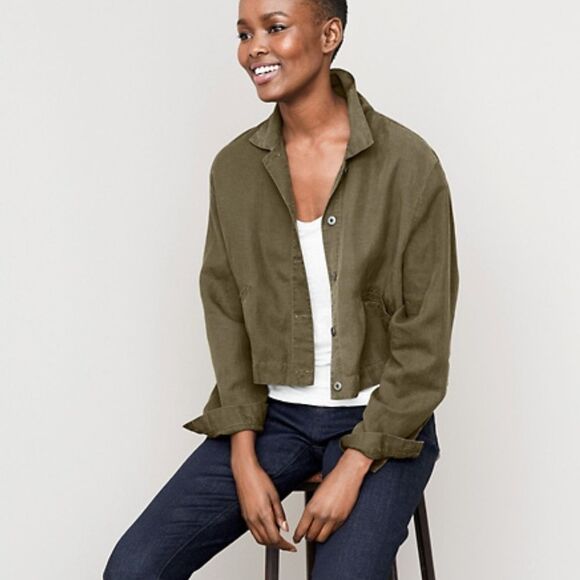 Eileen Fisher Lightweight Cropped Olive Green Button Down Jacket Tencel Linen M - Picture 4 of 10